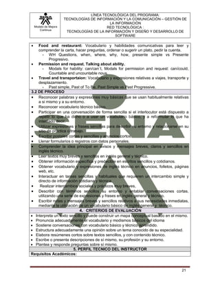 Modelo de Mejora
Continua
LÍNEA TECNOLÓGICA DEL PROGRAMA:
TECNOLOGÍAS DE INFORMACIÓN Y LA COMUNICACIÓN – GESTIÓN DE
LA INFORMACIÓN
RED TECNOLÓGICA :
TECNOLOGÍAS DE LA INFORMACIÓN Y DISEÑO Y DESARROLLO DE
SOFTWARE
21
 Food and restaurant: Vocabulario y habilidades comunicativas para leer y
comprender la carta, hacer preguntas, ordenar o sugerir un plato, pedir la cuenta.
- WH Questions, when, where, why, how, presente simple vs Presente
Progresivo.
 Permission and request. Talking about ability.
- Modals for hability: can/can´t, Modals for permission and request: can/could,
Countable and uncountable nous.
 Travel and transportaion: Vocabulario y expresiones relativas a viajes, transporte y
desplazamiento.
- Past simple, Past of To Be, Past Simple vs Past Progressive.
3.2 DE PROCESO
 Reconocer palabras y expresiones muy básicas que se usan habitualmente relativas
a si mismo y a su entorno.
 Reconocer vocabulario técnico básico.
 Participar en una conversación de forma sencilla si el interlocutor está dispuesto a
repetir lo que ha dicho o a usar un vocabulario básico, y a reformular lo que ha
intentado decir.
 Utilizar expresiones y frases sencillas para describir su entorno y relacionarse en su
sitio de práctica o trabajo.
 Escribir postales cortas y sencillas y anuncios cortos.
 Llenar formularios o registros con datos personales.
 Comprender la idea principal en avisos y mensajes breves, claros y sencillos en
inglés técnico.
 Leer textos muy breves y sencillos en inglés general y técnico.
 Obtener información específica y predecible en escritos sencillos y cotidianos.
 Obtener vocabulario y expresiones de inglés técnico en anuncios, folletos, páginas
web, etc.
 Interactuar en tareas sencillas y habituales que requieren un intercambio simple y
directo de información cotidiana y técnica.
 Realizar intercambios sociales y prácticos muy breves,
 Describir con términos sencillos su entorno y entablar conversaciones cortas,
utilizando una serie de expresiones y frases en inglés general y técnico.
 Escribir notas y mensajes breves y sencillos relativos a sus necesidades inmediatas,
mediante la utilización de un vocabulario básico de inglés general y técnico.
4. CRITERIOS DE EVALUACIÓN
 Interpreta un texto sencillo y puede construir un mapa conceptual basado en el mismo.
 Pronuncia adecuadamente el vocabulario y modismos básicos del idioma
 Sostiene conversaciones con vocabulario básico y técnico aprendido.
 Estructura adecuadamente una opinión sobre un tema conocido de su especialidad.
 Elabora resúmenes cortos sobre textos sencillos, y con contenido técnico.
 Escribe o presenta descripciones de sí mismo, su profesión y su entorno.
 Plantea y responde preguntas sobre sí mismo.
5. PERFIL TECNICO DEL INSTRUCTOR
Requisitos Académicos:
 