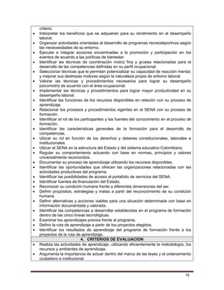 16
criterio.
 Interpretar los beneficios que se adquieren para su rendimiento en el desempeño
laboral.
 Organizar actividades orientadas al desarrollo de programas recreodeportivos según
las nececesidades de su entorno.
 Ejecutar e integrar acciones encaminadas a la promoción y participación en los
eventos de acuerdo a las políticas de bienestar.
 Identificar las técnicas de coordinación motriz fina y gruesa relacionadas para el
desarrollo de las competencias definidas en su perfil ocupacional.
 Seleccionar técnicas que le permitan potencializar su capacidad de reacción mental,
y mejorar sus destrezas motoras según la naturaleza propia de entorno laboral.
 Valorar las técnicas y procedimientos necesarios para lograr su desempeño
psicomotriz de acuerdo con el área ocupacional.
 Implementar las técnicas y procedimientos para lograr mayor productividad en su
desempeño laboral.
 Identificar las funciones de los recursos disponibles en relación con su proceso de
aprendizaje.
 Relacionar los procesos y procedimientos vigentes en el SENA con su proceso de
formación.
 Identificar el rol de los participantes y las fuentes del conocimiento en el proceso de
formación.
 Identificar las características generales de la formación para el desarrollo de
competencias.
 Ubicar su rol en función de los derechos y deberes constitucionales, laborales e
institucionales.
 Ubicar el SENA en la estructura del Estado y del sistema educativo Colombiano.
 Regular su comportamiento actuando con base en normas, principios y valores
universalmente reconocidos.
 Documentar su proceso de aprendizaje utilizando los recursos disponibles.
 Identificar las oportunidades que ofrecen las organizaciones relacionadas con las
actividades productivas del programa.
 Identificar las posibilidades de acceso al portafolio de servicios del SENA.
 Identificar fuentes de financiación del Estado.
 Reconocer su condición humana frente a diferentes dimensiones del ser.
 Definir propósitos, estrategias y metas a partir del reconocimiento de su condición
humana.
 Definir alternativas y acciones viables para una situación determinada con base en
información documentada y valorada.
 Identificar las competencias a desarrollar establecidas en el programa de formación
dentro de las cinco líneas tecnológicas.
 Examinar los aprendizajes previos frente al programa.
 Definir la ruta de aprendizaje a partir de los proyectos elegidos.
 Identificar los resultados de aprendizaje del programa de formación frente a los
proyectos de la ruta de aprendizaje.
4. CRITERIOS DE EVALUACION
 Realiza las actividades de aprendizaje, utilizando eficientemente la metodología, los
recursos y ambientes de aprendizaje.
 Argumenta la importancia de actuar dentro del marco de las leyes y el ordenamiento
ciudadano e institucional.
 