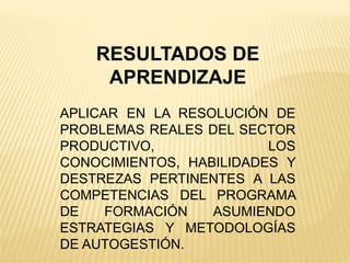 RESULTADOS DE
APRENDIZAJE
APLICAR EN LA RESOLUCIÓN DE
PROBLEMAS REALES DEL SECTOR
PRODUCTIVO, LOS
CONOCIMIENTOS, HABILIDADES Y
DESTREZAS PERTINENTES A LAS
COMPETENCIAS DEL PROGRAMA
DE FORMACIÓN ASUMIENDO
ESTRATEGIAS Y METODOLOGÍAS
DE AUTOGESTIÓN.
 