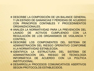  DESCRIBE LA COMPOSICIÓN DE UN BALANCE GENERAL
Y UN ESTADO DE GANANCIAS Y PÉRDIDAS DE ACUERDO
CON PRINCIPIOS CONTABLES Y PROCEDIMIENTOS
ORGANIZACIONALES.
 ANALIZA LA NORMATIVIDAD PARA LA PREVENCIÓN DEL
LAVADO DE ACTIVOS CUMPLIENDO CON LA
REGULACIÓN DE LOS ORGANISMOS DE VIGILANCIA Y
CONTROL.
 DESCRIBE LOS COMPONENTES DEL SISTEMA DE
ADMINISTRACIÓN DEL RIESGO OPERATIVO CONFORME
A LA NORMATIVIDAD ESTABLECIDA.
 IDENTIFICA LA ESTRUCTURA DEL SISTEMA DE
ADMINISTRACIÓN DEL RIESGO DE TECNOLOGÍA
INFORMÁTICA DE ACUERDO CON LA POLÍTICA
INSTITUCIONAL.
 DESARROLLA PROCESOS COMUNICATIVOS ASERTIVOS
SEGÚN PROTOCOLOS ESTABLECIDOS.
 