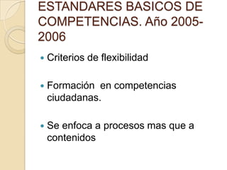 ESTANDARES BASICOS DE COMPETENCIAS. Año 2005-2006Criterios de flexibilidadFormación  en competencias ciudadanas.Se enfoca a procesos mas que a contenidos