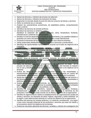 LÍNEA TECNOLÓGICA DEL PROGRAMA:
                                             CLIENTE
                                        RED TECNOLÓGICA:
Modelo de Mejora          GESTION ADMINISTRATIVA Y SERVICIOS FINANCIEROS
   Continua


 •   Aplicar las técnicas y métodos del proceso de selección.
 •   Aplicar las técnicas y métodos de evaluación de ideas.
 •   Segmentar el mercado desde el punto de vista de consumo de bienes y servicios
 •   Definir el ambiente de un mercado.
 •   Analizar las características económicas, de estabilidad política, comportamiento
     legal y cultural.
 •   Identificar las barreras de entrada tarifarias.
 •   Identificar las barreras no tarifarias:
     Identificar la extensión del territorio, ubicación, clima, temperatura, fronteras,
     infraestructura y sistemas de comunicación.
 •   Estudiar el nivel de desarrollo, la tendencia de crecimiento y los posibles tratados o
     acuerdos con otros mercados de regiones o países a nivel internacional.
 •   Proyectar la demanda de los productos o servicios que ofrece la empresa.
 •   Ubicar potenciales distribuidores de los productos o servicios a comercializar.
 •   Identificar las oportunidades comerciales de acuerdo con el plan de negocios de la
     compañía.
 •   Ubicar nuevos mercados y oportunidades de negocio.
                               4. CRITERIOS DE EVALUACION
 •   Selecciona las ideas de producto que respondan a las necesidades del mercado en
     relación con el uso y beneficio del producto, partir de la capacidad productiva y
     objetivos trazados por la empresa.
 •   Genera ideas de productos y/o servicios teniendo en cuenta los sistemas de
     información provenientes de los mercados y que respondan a los objetivos
     propuestos por la empresa.
 •   Aplica las técnicas, métodos y procedimientos de evaluación de ideas en el
     proceso de selección, de acuerdo con las necesidades del mercado en relación
     con el uso y beneficio del producto o servicio, que respondan a los objetivos de la
     empresa
 •   Evalúa las ideas de los productos y servicios frente a las necesidades y
     requerimientos establecidos en el estudio de mercado, teniendo en cuenta las
     necesidades, requerimientos, políticas y objetivos determinados por la empresa.
 •   Ajusta las ideas a los mercados a partir del análisis de las variables del entorno y
     las barreras de entrada tarifarias y no tarifarias, que se ajusten a las necesidades y
     políticas de la organización.
 •   Analiza las características económicas, de estabilidad política, comportamiento
     legal y cultural, antes de determinar la posibilidad de ingreso y definir el ambiente
     de un mercado que se ajuste a las políticas y objetivos de la organización..
 •   Identifica la extensión del territorio, ubicación, clima, temperatura, fronteras,
     infraestructura y sistemas de comunicación para proyectar la demanda de los
     productos o servicios que estén acorde con la oferta y objetivos de la organización.
 •   Identifica la reglamentación relativa al establecimiento de organizaciones locales de
     ventas y servicios, los requisitos de salud, higiene, seguridad y medio ambiente de
     la región o país seleccionado teniendo en cuenta los objetivos de la organización.
 •   Identifica las barreras de entrada tarifarías y no tarifarías considerando una región
     o país como mercado potencial de los productos o servicios que sean de interés y
     se encuentren dentro los objetivos de la empresa.
 •   Evalúa los mercados aplicando las técnicas, variables y criterios de investigación de


                                                                                       10
 