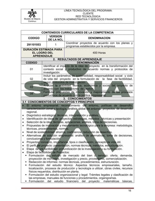 LÍNEA TECNOLÓGICA DEL PROGRAMA:
                                            CLIENTE
                                       RED TECNOLÓGICA:
 Modelo de Mejora        GESTION ADMINISTRATIVA Y SERVICIOS FINANCIEROS
    Continua




                CONTENIDOS CURRICULARES DE LA COMPETENCIA
                       VERSION
    CODIGO                                             DENOMINACION
                      DE LA NCL
                                     Coordinar proyectos de acuerdo con los planes y
   291101053                 1
                                     programas establecidos por la empresa.
 DURACIÓN ESTIMADA PARA
         EL LOGRO DEL                                      400 Horas
         APRENDIZAJE
                           2. RESULTADOS DE APRENDIZAJE
   CODIGO                                     DENOMINACIÓN
                  Identificar el impacto de la idea de proyecto en la transformación del
      01          contexto social y productivo de acuerdo normas y protocolos de
                  investigación
                  Incluir los parámetros de sostenibilidad, responsabilidad social y ciclo
      02          de vida del proyecto en la formulación de la fase de factibilidad,
                  según protocolos de investigación
                  Analizar la viabilidad técnica, económica y social del proyecto de
      03
                  acuerdo con los indicadores de gestión.
                  Formular propuestas de innovación y mejoramiento de los procesos
      04
                  productivos de acuerdo con la política empresarial.
                                   3. CONOCIMIENTOS
3.1 CONOCIMIENTOS DE CONCEPTOS Y PRINCIPIOS
• El entorno empresarial: reconocimiento del entorno, políticas de desarrollo,
   caracterización zonal y tipología, análisis global del entorno, proyectos de desarrollo
   regional.
• Diagnóstico estratégico: técnicas, interpretación y análisis.
• Identificación de ideas de proyectos: estrategias, métodos , técnicas y presentación
• Selección de la idea: técnicas, aplicaciones, análisis, toma de decisiones.
• Propuestas de innovación y mejoramiento tecnológico para la empresa: metodología,
   técnicas, procedimientos, normas.
• Nivel de sostenibilidad: ahorros, coeficiencia, reducción de desechos.
• Alternativas de solución empresarial: análisis de alternativas, toma de decisiones,
   conclusiones y formulación
• Proyectos: concepto, importancia, tipos o clasificación, concepto de vida útil.
• El perfil del proyecto: presentación, normas técnicas, métodos, estructuración.
• Etapa de pre factibilidad: profundización de la investigación y su formulación.
• Etapa de factibilidad de Proyectos:
     Formulación del estudio de mercado del bien o servicio: oferta, demanda,
     proyección de mercados, investigación y precio, proveedores, comercialización.
     Redacción de informes: normas técnicas, procedimientos, estructuración.
     Formulación del estudio técnico: Aspectos técnicos empresariales, tamaño,
     localización, procesos de producción y tecnología a utilizar, obras civiles, recursos
     físicos requeridos, distribución en planta.
     Formulación del estudio organizacional y legal: Trámites legales y clasificación de
     las empresas, manuales de funciones y procedimientos, organigramas.
     Formulación del estudio financiero del proyecto: matemáticas básicas,


                                                                                      16
 