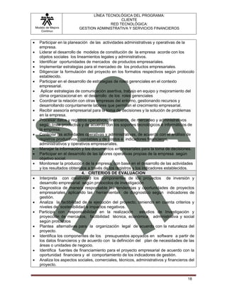 LÍNEA TECNOLÓGICA DEL PROGRAMA:
                                               CLIENTE
                                          RED TECNOLÓGICA:
    Modelo de Mejora        GESTION ADMINISTRATIVA Y SERVICIOS FINANCIEROS
       Continua


•     Participar en la planeación de las actividades administrativas y operativas de la
      empresa.
•     Liderar el desarrollo de modelos de constitución de la empresa acorde con los
      objetos sociales los lineamientos legales y administrativos.
•     Identificar oportunidades de mercados de productos empresariales.
•     Implementar estrategias para el mercadeo de los productos empresariales.
•     Diligenciar la formulación del proyecto en los formatos respectivos según protocolo
      establecido.
•     Participar en el desarrollo de estrategias de roles gerenciales en el contexto
      empresarial.
•      Aplicar estrategias de comunicación asertiva, trabajo en equipo y mejoramiento del
      clima organizacional en el desarrollo de los roles gerenciales
•     Coordinar la relación con otras empresas del entorno, gestionando recursos y
      desarrollando conjuntamente labores que permitan el crecimiento empresarial.
•     Recibir asesoría empresarial para la toma de decisiones y la solución de problemas
      en la empresa.
•     Procesar datos y registros operativos, financieros, de mercadeo y administrativos
      según línea productiva y de acuerdo con los soportes tecnológicos e informáticos de
      la empresa.
•     Controlar las actividades operativas y administrativas, de acuerdo con el análisis de
      registros productivos, contables y de costos e indicadores financieros,
      administrativos y operativos empresariales.
•     Manejar la información y los documentos empresariales para la toma de decisiones.
•     Participar en el desarrollo de las labores operativas propias de la empresa según
      objetivo social.
•     Monitorear la producción de la empresa, con base en el desarrollo de las actividades
      y los resultados obtenidos a través de los registros y los indicadores establecidos.
                              4. CRITERIOS DE EVALUACION
•     Interpreta con creatividad los componentes de los proyectos de inversión y
      desarrollo empresarial según protocolos de investigación
•     Diagnostica de manera responsable las tendencias y oportunidades de proyectos
      empresariales, aplicando las herramientas de diagnostico según indicadores de
      gestión.
•     Analiza la factibilidad de la ejecución del proyecto, teniendo en cuenta criterios y
      niveles de sostenibilidad e impactos negativos.
•     Participa con responsabilidad en la realización          estudios de Investigación y
      proyección de mercados, factibilidad técnica, económica, administrativa y social
      según protocolos
•     Plantea alternativas para la organización legal de acuerdo con la naturaleza del
      proyecto.
•     Identifica los componentes de los presupuestos apoyados en software a partir de
      los datos financieros y de acuerdo con la definición del plan de necesidades de las
      áreas o unidades de negocio.
•     Identifica fuentes de financiamiento para el proyecto empresarial de acuerdo con la
      oportunidad financiera y el comportamiento de los indicadores de gestión.
•     Analiza los aspectos sociales, comerciales, técnicos, administrativos y financieros del
      proyecto.


                                                                                         18
 