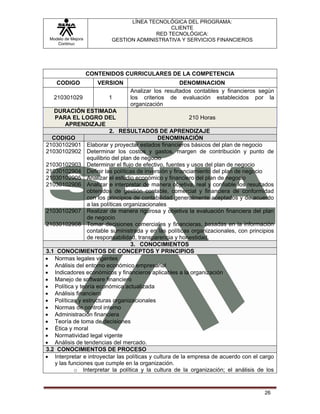 LÍNEA TECNOLÓGICA DEL PROGRAMA:
                                              CLIENTE
                                         RED TECNOLÓGICA:
 Modelo de Mejora          GESTION ADMINISTRATIVA Y SERVICIOS FINANCIEROS
    Continua




                    CONTENIDOS CURRICULARES DE LA COMPETENCIA
    CODIGO             VERSION                      DENOMINACION
                                 Analizar los resultados contables y financieros según
   210301029              1      los criterios de evaluación establecidos por la
                                 organización
   DURACIÓN ESTIMADA
   PARA EL LOGRO DEL                                       210 Horas
       APRENDIZAJE
                          2. RESULTADOS DE APRENDIZAJE
  CODIGO                                     DENOMINACIÓN
21030102901 Elaborar y proyectar estados financieros básicos del plan de negocio
21030102902 Determinar los costos y gastos, margen de contribución y punto de
                equilibrio del plan de negocio
21030102903 Determinar el flujo de efectivo, fuentes y usos del plan de negocio
21030102904 Definir las políticas de inversión y financiamiento del plan de negocio
21030102905 Analizar el estudio económico y financiero del plan de negocio
21030102906 Analizar e interpretar de manera objetiva, real y confiable los resultados
                obtenidos de gestión contable, comercial y financiera de conformidad
                con los principios de contabilidad generalmente aceptados y de acuerdo
                a las políticas organizacionales
21030102907 Realizar de manera rigurosa y objetiva la evaluación financiera del plan
                de negocio
21030102908 Tomar decisiones comerciales y financieras, basadas en la información
                contable suministrada y en las políticas organizacionales, con principios
                de responsabilidad, transparencia y honestidad.
                                   3. CONOCIMIENTOS
3.1 CONOCIMIENTOS DE CONCEPTOS Y PRINCIPIOS
• Normas legales vigentes
• Análisis del entorno económico empresarial
• Indicadores económicos y financieros aplicables a la organización
• Manejo de software financiero
• Política y teoría económica actualizada
• Análisis financiero
• Políticas y estructuras organizacionales
• Normas de control interno
• Administración financiera
• Teoría de toma de decisiones
• Ética y moral
• Normatividad legal vigente
• Análisis de tendencias del mercado.
3.2 CONOCIMIENTOS DE PROCESO
• Interpretar e introyectar las políticas y cultura de la empresa de acuerdo con el cargo
   y las funciones que cumple en la organización.
           o Interpretar la política y la cultura de la organización; el análisis de los


                                                                                     26
 