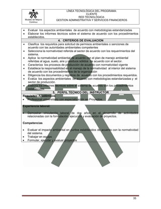 LÍNEA TECNOLÓGICA DEL PROGRAMA:
                                              CLIENTE
                                         RED TECNOLÓGICA:
    Modelo de Mejora       GESTION ADMINISTRATIVA Y SERVICIOS FINANCIEROS
       Continua


•  Evaluar los aspectos ambientales de acuerdo con metodologías estandarizadas
•  Elaborar los informes técnicos sobre el sistema de acuerdo con los procedimientos
   establecidos.
                           4. CRITERIOS DE EVALUACION
• Clasifica los requisitos para solicitud de permisos ambientales o sanciones de
   acuerdo con las autoridades ambientales competentes
• Selecciona la normatividad referida al sector de acuerdo con los requerimientos del
   sistema.
• Aplica la normatividad ambiental de acuerdo con el plan de manejo ambiental
   referidas al agua, suelo, aire y residuos sólidos de acuerdo con el sector.
• Caracteriza los procesos de producción de acuerdo con normatividad vigente
• Establece la responsabilidad en el manejo de la normatividad al interior del sistema
   de acuerdo con los procedimientos de la organización
• Diligencia los documentos y registros de acuerdo con los procedimientos requeridos.
• Evalúa los aspectos ambientales de acuerdo con metodologías estandarizadas y el
   sector de producción.
• Elabora los informes técnicos sobre el sistema de acuerdo con los procedimientos
   establecidos.
                       5. PERFIL TECNICO DEL INSTRUCTOR
Requisitos Académicos
• Profesional universitario con especialización en Proyectos.

Experiencia laboral:

•     Demostrar vinculación laboral de dos años en el desarrollo de actividades
      relacionadas con la formulación, ejecución y evaluación de proyectos.

Competencias

•     Evaluar el impacto ambiental en puntos establecidos de acuerdo con la normatividad
      del sistema.
•     Trabajar en equipo
•     Formular, ejecutar y evaluar proyectos




                                                                                    35
 