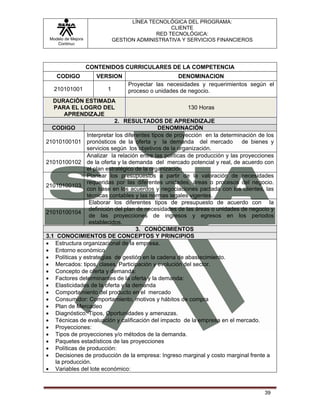 LÍNEA TECNOLÓGICA DEL PROGRAMA:
                                                 CLIENTE
                                            RED TECNOLÓGICA:
 Modelo de Mejora             GESTION ADMINISTRATIVA Y SERVICIOS FINANCIEROS
    Continua




                    CONTENIDOS CURRICULARES DE LA COMPETENCIA
    CODIGO            VERSION                        DENOMINACION
                                   Proyectar las necesidades y requerimientos según el
   210101001              1        proceso o unidades de negocio.
   DURACIÓN ESTIMADA
   PARA EL LOGRO DEL                                     130 Horas
        APRENDIZAJE
                            2. RESULTADOS DE APRENDIZAJE
  CODIGO                                      DENOMINACIÓN
                Interpretar los diferentes tipos de proyección en la determinación de los
21010100101 pronósticos de la oferta y la demanda del mercado                 de bienes y
                servicios según los objetivos de la organización.
                Analizar la relación entre las políticas de producción y las proyecciones
21010100102 de la oferta y la demanda del mercado potencial y real, de acuerdo con
                el plan estratégico de la organización
                Planear los presupuestos a partir de la valoración de necesidades
                requeridas por las diferentes unidades, áreas o procesos del negocio.
21010100103
                con base en los acuerdos y negociaciones pactada con los clientes, las
                técnicas contables y las normas legales vigentes.
                 Elaborar los diferentes tipos de presupuesto de acuerdo con la
                 definición del plan de necesidades de las áreas o unidades de negocio y
21010100104
                 de las proyecciones de ingresos y egresos en los periodos
                 establecidos.
                                     3. CONOCIMIENTOS
3.1 CONOCIMIENTOS DE CONCEPTOS Y PRINCIPIOS
• Estructura organizacional de la empresa.
• Entorno económico
• Políticas y estrategias de gestión en la cadena de abastecimiento.
• Mercados: tipos, clases, Participación y evolución del sector.
• Concepto de oferta y demanda:
• Factores determinantes de la oferta y la demanda:
• Elasticidades de la oferta y la demanda
• Comportamiento del producto en el mercado
• Consumidor: Comportamiento, motivos y hábitos de compra
• Plan de Mercadeo
• Diagnóstico: Tipos, Oportunidades y amenazas.
• Técnicas de evaluación y calificación del impacto de la empresa en el mercado.
• Proyecciones:
• Tipos de proyecciones y/o métodos de la demanda.
• Paquetes estadísticos de las proyecciones
• Políticas de producción:
• Decisiones de producción de la empresa: Ingreso marginal y costo marginal frente a
    la producción.
• Variables del lote económico:



                                                                                     39
 