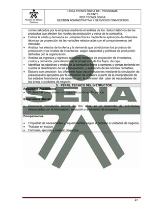 LÍNEA TECNOLÓGICA DEL PROGRAMA:
                                              CLIENTE
                                         RED TECNOLÓGICA:
    Modelo de Mejora       GESTION ADMINISTRATIVA Y SERVICIOS FINANCIEROS
       Continua


   comercializados por la empresa mediante el análisis de los datos históricos de los
   productos que afecten los niveles de producción y venta de la compañía.
• Estima la oferta y demanda en unidades físicas mediante la aplicación de diferentes
   técnicas de proyección de las variables relacionadas con el comportamiento del
   mercado.
• Analiza los efectos de la oferta y la demanda que condicionan los procesos de
   producción y los niveles de inventarios según capacidad y políticas de producción
   definidas por la organización.
• Analiza los ingresos y egresos aplicando modelos de proyección de inventarios,
   costos y demanda para determinar la proyección de los flujos de caja.
• Identifica los objetivos y metas de la compañía frente a compras y ventas teniendo en
   cuenta la clasificación de los presupuestos y aplicación de las normas contables.
• Elabora con precisión los diferentes tipos de proyecciones mediante la simulación de
   presupuestos apoyados por la aplicación de software a partir de la interpretación de
   los estados financieros y de acuerdo con la definición del plan de necesidades de
   las áreas o unidades de negocio.
                          5. PERFIL TECNICO DEL INSTRUCTOR
Requisitos Académicos
• Profesional universitario con especialización en Proyectos.

Experiencia laboral:

•     Demostrar vinculación laboral de dos años en el desarrollo de actividades
      relacionadas con la formulación, ejecución y evaluación de proyectos.

Competencias

•     Proyectar las necesidades y requerimientos según el proceso o unidades de negocio.
•     Trabajar en equipo
•     Formular, ejecutar y evaluar proyectos.




                                                                                    41
 