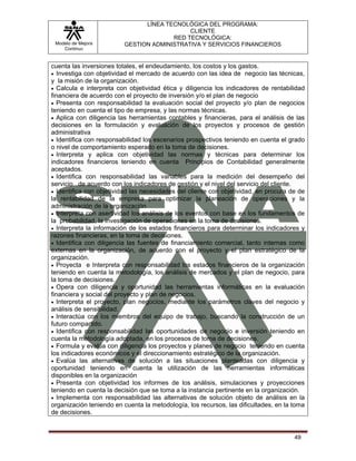 LÍNEA TECNOLÓGICA DEL PROGRAMA:
                                            CLIENTE
                                       RED TECNOLÓGICA:
 Modelo de Mejora        GESTION ADMINISTRATIVA Y SERVICIOS FINANCIEROS
    Continua


cuenta las inversiones totales, el endeudamiento, los costos y los gastos.
• Investiga con objetividad el mercado de acuerdo con las idea de negocio las técnicas,
y la misión de la organización.
• Calcula e interpreta con objetividad ética y diligencia los indicadores de rentabilidad
financiera de acuerdo con el proyecto de inversión y/o el plan de negocio
• Presenta con responsabilidad la evaluación social del proyecto y/o plan de negocios
teniendo en cuenta el tipo de empresa, y las normas técnicas.
• Aplica con diligencia las herramientas contables y financieras, para el análisis de las
decisiones en la formulación y evaluación de los proyectos y procesos de gestión
administrativa
• Identifica con responsabilidad los escenarios prospectivos teniendo en cuenta el grado
o nivel de comportamiento esperado en la toma de decisiones.
• Interpreta y aplica con objetividad las normas y técnicas para determinar los
indicadores financieros teniendo en cuenta Principios de Contabilidad generalmente
aceptados.
• Identifica con responsabilidad las variables para la medición del desempeño del
servicio de acuerdo con los indicadores de gestión y el nivel del servicio del cliente.
• Identifica con objetividad las necesidades del cliente con objetividad, en procura de de
la rentabilidad de la empresa para optimizar la planeación de operaciones y la
administración de la organización
• Interpreta con asertividad los análisis de los eventos con base en los fundamentos de
la probabilidad, la investigación de operaciones en la toma de decisiones.
• Interpreta la información de los estados financieros para determinar los indicadores y
razones financieras, en la toma de decisiones.
• Identifica con diligencia las fuentes de financiamiento comercial, tanto internas como
externas en la organización, de acuerdo con el proyecto y el plan estratégico de la
organización.
• Proyecta e Interpreta con responsabilidad los estados financieros de la organización
teniendo en cuenta la metodología, los análisis de mercados y el plan de negocio, para
la toma de decisiones.
• Opera con diligencia y oportunidad las herramientas informáticas en la evaluación
financiera y social del proyecto y plan de negocios.
• Interpreta el proyecto, plan negocios, mediante los parámetros claves del negocio y
análisis de sensibilidad.
• Interactúa con los miembros del equipo de trabajo, buscando la construcción de un
futuro compartido.
• Identifica con responsabilidad las oportunidades de negocio e inversión teniendo en
cuenta la metodología adoptada, en los procesos de toma de decisiones.
• Formula y evalúa con diligencia los proyectos y planes de negocio teniendo en cuenta
los indicadores económicos y el direccionamiento estratégico de la organización.
• Evalúa las alternativas de solución a las situaciones planteadas con diligencia y
oportunidad teniendo en cuenta la utilización de las herramientas informáticas
disponibles en la organización
• Presenta con objetividad los informes de los análisis, simulaciones y proyecciones
teniendo en cuenta la decisión que se toma a la instancia pertinente en la organización.
• Implementa con responsabilidad las alternativas de solución objeto de análisis en la
organización teniendo en cuenta la metodología, los recursos, las dificultades, en la toma
de decisiones.


                                                                                      49
 