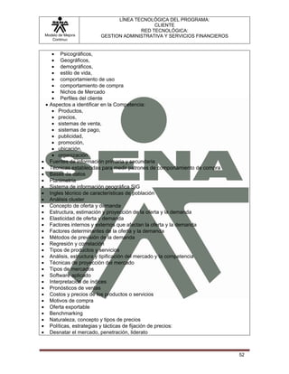 LÍNEA TECNOLÓGICA DEL PROGRAMA:
                                          CLIENTE
                                     RED TECNOLÓGICA:
 Modelo de Mejora      GESTION ADMINISTRATIVA Y SERVICIOS FINANCIEROS
    Continua


    • Psicográficos,
    • Geográficos,
    • demográficos,
    • estilo de vida,
    • comportamiento de uso
    • comportamiento de compra
    • Nichos de Mercado
    • Perfiles del cliente
 • Aspectos a identificar en la Competencia:
    • Productos,
    • precios,
    • sistemas de venta,
    • sistemas de pago,
    • publicidad,
    • promoción,
    • ubicación,
    • organización
• Fuentes de información primaria y secundaria
• Técnicas establecidas para medir patrones de comportamiento de compra
• Bases de datos
• Planimetría
• Sistema de información geográfica SIG
• Ingles técnico de características de población
• Análisis cluster
• Concepto de oferta y demanda
• Estructura, estimación y proyección de la oferta y la demanda
• Elasticidad de oferta y demanda
• Factores internos y externos que afectan la oferta y la demanda
• Factores determinantes de la oferta y la demanda
• Métodos de previsión de la demanda
• Regresión y correlación
• Tipos de productos y servicios
• Análisis, estructura y tipificación del mercado y la competencia
• Técnicas de proyección del mercado
• Tipos de mercados
• Software aplicado
• Interpretación de índices
• Pronósticos de ventas
• Costos y precios de los productos o servicios
• Motivos de compra
• Oferta exportable
• Benchmarking
• Naturaleza, concepto y tipos de precios
• Políticas, estrategias y tácticas de fijación de precios:
• Desnatar el mercado, penetración, liderato



                                                                          52
 