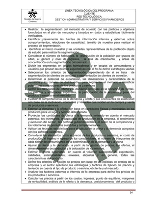 LÍNEA TECNOLÓGICA DEL PROGRAMA:
                                           CLIENTE
                                      RED TECNOLÓGICA:
Modelo de Mejora        GESTION ADMINISTRATIVA Y SERVICIOS FINANCIEROS
   Continua


• Realizar la segmentación del mercado de acuerdo con las políticas y objetivos
  formulados en el plan de mercadeo y basados en datos y estadísticas fácilmente
  verificables.
• Identificar previamente las fuentes de información internas y externas sobre
  comportamientos, relaciones de causalidad, tamaño de muestra para realizar el
  proceso de segmentación.
• Identificar el marco muestral y las unidades representativas de la población objeto
  de estudio para realizar la segmentación
• Considerar el número de habitantes, la distribución de la población por grupos de
  edad, el género y nivel de ingresos, la tasa de crecimiento y áreas de
  concentración en la segmentación del mercado.
• Dividir los segmentos en grupos homogéneos y en grupos de consumidores y
  usuarios que posean las mismas expectativas con el fin de definir estrategias válidas
• Seleccionar los criterios de segmentación dependiendo de si se trata                de
  segmentación de clientes de consumo o segmentación de clientes de inversión.
• Determinar el potencial de exportación, las dimensiones y característica de la
  demanda y los canales de distribución, para segmentar el mercado e identificar
  potenciales compradores de los productos o servicios
• Definir las cantidades de oferta y la demanda con base en la tendencia de ventas,
  los eventos y actividades especiales, la participación de la empresa y peso del
  producto o servicio en el mercado.
• Evaluar el comportamiento de la demanda y oferta y sus coeficientes de elasticidad
  con base en la motivación, conductas y variables que inciden en la compra y venta
  de productos y servicios.
• Estimar la demanda y la oferta con base en cantidades físicas y monetarias de los
  productos para un lugar y periodo determinado.
• Proyectar las cantidades de oferta y la demanda teniendo en cuenta el mercado
  potencial, los inventarios, la capacidad de producción de la empresa, el crecimiento
  y evolución del sector, las políticas gubernamentales, el poder de la competencia y
  los volúmenes de productos sustitutos y complementarios
• Aplicar las técnicas estadísticas para el cálculo de la oferta y la demanda apoyados
  con los software existentes.
• Considerar los elementos como el precio de los productos o servicios, el costo de
  producción, el ingreso y egreso de los consumidores, el número de integrantes de
  cada sector de consumidores en la determinación de la demanda y la oferta
• Ajustar la oferta y la demanda a partir de la gestión de precios, las ofertas, el
  almacenamiento de productos y la colocación de los mismos.
• Estimar la oferta exportable en cuanto al volumen susceptible de exportación,
  calidades, estacionalidades, envases, etiquetas y en general, todas las
  características del producto.
• Definir los criterios de fijación de precios con base en las políticas de precios de la
  empresa y el sector aplicando las estrategias y tácticas de fijación de precios y
  teniendo en cuenta el tipo de producto o servicio, el cliente y el mercado.
• Analizar los factores externos e internos de la empresa para definir los precios de
  los productos o servicios.
• Calcular los precios a partir de los costos, ingresos, punto de equilibrio, márgenes
  de rentabilidad, análisis de la oferta y la demanda, posicionamiento del producto o


                                                                                     54
 