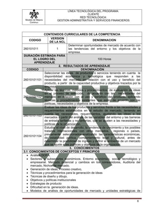 LÍNEA TECNOLÓGICA DEL PROGRAMA:
                                             CLIENTE
                                        RED TECNOLÓGICA:
 Modelo de Mejora         GESTION ADMINISTRATIVA Y SERVICIOS FINANCIEROS
    Continua




               CONTENIDOS CURRICULARES DE LA COMPETENCIA
                      VERSION
    CODIGO                                             DENOMINACION
                    DE LA NCL
                                    Determinar oportunidades de mercado de acuerdo con
260101011                  1        las tendencias del entorno y los objetivos de la
                                    empresa.
DURACIÓN ESTIMADA PARA
       EL LOGRO DEL                                        100 Horas
       APRENDIZAJE
                             2. RESULTADOS DE APRENDIZAJE
  CODIGO                                     DENOMINACIÓN
                Seleccionar las ideas de productos o servicios teniendo en cuenta la
                disponibilidad económica y tecnológica que responden a las
26010101101 necesidades del mercado en relación con el uso y beneficio del
                producto, a partir de la capacidad productiva y objetivos trazados por la
                empresa.
                Aplicar las técnicas, métodos y procedimientos de evaluación de ideas
                en el proceso de selección, de acuerdo con las necesidades del
26010101102 mercado en relación con al uso y beneficio del producto, aplicando
                técnicas y procedimientos existentes que estén de acuerdo con las
                políticas, necesidades y objetivos de la empresa.
                Evaluar las ideas de los productos y servicios frente a las necesidades y
                requerimientos establecidos en el estudio de mercado, teniendo en
                cuenta las necesidades, requerimientos, ajustando las ideas a los
26010101103
                mercados a partir del análisis de las variables del entorno y las barreras
                de entrada tarifarias y no tarifarias, que se ajusten a las necesidades y
                políticas de la organización.
                Estudiar el nivel de desarrollo, la tendencia de crecimiento y los posibles
                tratados internacionales con otros mercados,           regiones o países,
                previamente seleccionados analizando las características económicas,
26010101104
                de estabilidad política, comportamiento legal y cultural, antes de
                determinar la posibilidad de ingreso y definir el ambiente de un mercado
                que se ajuste a las políticas y objetivos de la organización.
                                     3. CONOCIMIENTOS
3.1 CONOCIMIENTOS DE CONCEPTOS Y PRINCIPIOS
  • Análisis DOFA.
  • Sectores y subsectores económicos. Entorno económico, social, tecnológico y
     empresarial. Mercado potencial y cambios en los consumidores, Auditoria del
     mercado, Nichos de mercado.
  • Generación de ideas, Proceso creativo,
  • Técnicas y procedimientos para la generación de ideas
  • Técnicas de diseño y dibujo.
  • Objetivos y políticas institucionales
  • Estrategias de producto
  • Dificultad en la generación de ideas.
  • Modelos de análisis de oportunidades de mercado y unidades estratégicas de


                                                                                        8
 