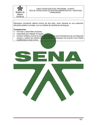 LÍNEA TECNOLÓGICA DEL PROGRAMA: CLIENTE
                   RED DE TECNOLOGIAS DE GESTIÓN ADMINISTRATIVA Y SERVICIOS
  Modelo de                             FINANCIEROS
   Mejora
  Continua


Demostrar vinculación laboral mínimo de dos años, como docente en una institución
educativa pública o privada, o en un instituto de enseñanza de lenguas.

Competencias:
• Formular y desarrollar proyectos
• Capacidad para trabajar en equipo
• Conocer el Marco Común Europeo de Referencia para la Enseñanza de una Segunda
  Lengua, y aplicar los criterios de conocimiento y evaluación de acuerdo a los niveles
  establecidos en esta norma.




                                                                                  106
 