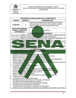 LÍNEA TECNOLÓGICA DEL PROGRAMA: CLIENTE
                   RED DE TECNOLOGIAS DE GESTIÓN ADMINISTRATIVA Y SERVICIOS
  Modelo de                             FINANCIEROS
   Mejora
  Continua


               CONTENIDOS CURRICULARES DE LA COMPETENCIA
   CODIGO         VERSION                          DENOMINACION
                              Seleccionar candidatos para desempeñar los cargos y
                              roles de trabajo, de acuerdo con los perfiles, políticas,
  210201023            2
                              normas legales vigentes y procedimientos de la
                              organización.
  DURACIÓN ESTIMADA
  PARA EL LOGRO DEL                                    80 Horas
     APRENDIZAJE
                               2. RESULTADOS DE APRENDIZAJE
                 Verificar el perfil ocupacional teniendo en cuenta el requerimiento del
21020102301
                 personal, la normatividad vigente y la política institucional.
                 Aplicar los Instrumentos de Medición para Seleccionar Candidatos, de
21020102302
                 acuerdo con los criterios establecidos en el proceso.
                 Realizar el proceso de selección del talento humano de acuerdo con la
21020102303 normatividad vigente, las políticas y prácticas adoptadas por la
                 organización.
                 Proponer candidatos de acuerdo con los requerimientos, normas legales
21020102304
                 y políticas de la Organización.
                                    3. CONOCIMIENTOS
3.1 CONOCIMIENTOS DE CONCEPTOS Y PRINCIPIOS
• Concepto de Selección de Personal:
   -Objetivos, importancia de la selección de personal, historia,
   -Beneficios para la empresa, dificultades, en la selección de personal
   -Métodos y técnicas y prácticas de la selección de personal.
   -Misión, Visión y Plan Estratégico para Selección de Personal en la Organización.
   -Normas legales, Políticas, y Practicas en la selección de personal
   -Cultura organizacional y requerimientos de la Organización en selección de personal
   en entidad pública / privada,
• Concepto de Autoridad, Responsabilidad
   -Organizaciones Formal / Informal.
   -Comunicación Organizacional. Técnicas de comunicación efectiva.
   -Función administrativa de Organización, estructuras organizacionales
   -Función administrativa de Planeación y Control,
   -Clases y características del Control.
   -Tipos de planes y actividades de planeación. Programación y proyección
• Análisis de antecedentes:
• Formato de confirmación de referencias
   -Metodología para la verificación de información y referencias
   -Concepto de antecedentes laborales, judiciales
   -Importancia de la verificación de antecedentes laborales
   -Procedimientos para análisis de información
   -Formatos para la confirmación y verificación de información
• Elaborar plan de actividades de selección de candidatos, de acuerdo con normas y


                                                                                          23
 