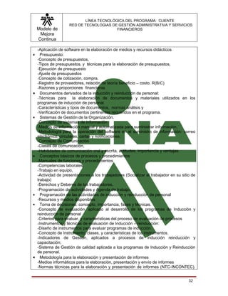 LÍNEA TECNOLÓGICA DEL PROGRAMA: CLIENTE
                     RED DE TECNOLOGIAS DE GESTIÓN ADMINISTRATIVA Y SERVICIOS
    Modelo de                             FINANCIEROS
     Mejora
    Continua

    -Aplicación de software en la elaboración de medios y recursos didácticos
•     Presupuesto:
    -Concepto de presupuestos,
    -Tipos de presupuestos, y técnicas para la elaboración de presupuestos,
    -Ejecución de presupuesto
    -Ajuste de presupuestos
    -Concepto de cotización, compra,
    -Registro de proveedores, relación de teoría beneficio – costo. R(B/C)
    -Razones y proporciones financieras
•     Documentos derivados de la inducción y reinducción de personal:
    -Técnicas para la elaboración de documentos y materiales utilizados en los
    programas de inducción de personal.
    -Características y tipos de documentos, normas análisis y
    -Verificación de documentos pertinentes requeridos en el programa.
•     Sistemas de Gestión de la Organización.
    -Concepto de sistemas de información
    -Medios de información manual y automatizada para suministrar información.
    -Metodología para la operación del software en el suministro de información: correo
    electrónico, circulares, cartas y notificaciones.
    -Concepto de Comunicación
    -Clases de comunicación,
    -Habilidades de comunicación oral y escrita, actitudes, importancia y ventajas.
•     Conceptos básicos de procesos y procedimientos
    -Manuales de funciones y procedimientos
    -Competencias laborales,
    -Trabajo en equipo,
    -Actividad de presentaciones a los trabajadores (Socializar al trabajador en su sitio de
    trabajo)
    -Derechos y Deberes de los trabajadores,
    -Programación de actividades y Agenda de trabajo.
•     Programación de las actividades de inducción y reinducción de personal
    -Recursos y medios disponibles
•     Toma de decisiones: concepto, importancia, fases y técnicas.
    -Concepto de evaluación, aplicado al desarrollo de los programas de Inducción y
    reinducción de personal
    -Criterios para evaluar, y características del proceso de evaluación de procesos
    -Instrumentos y técnicas de evaluación de Inducción – reinducción:
    -Diseño de instrumentos para evaluar programas de inducción
    -Concepto de Instrumento, clases, y características de los instrumentos.
    -Indicadores de Gestión, aplicados a procesos de inducción reinducción y
    capacitación;
    -Sistema de Gestión de calidad aplicada a los programas de Inducción y Reinducción
    de personal.
•     Metodología para la elaboración y presentación de informes
    -Medios informáticos para la elaboración, presentación y envío de informes
    -Normas técnicas para la elaboración y presentación de informes (NTC-INCONTEC).


                                                                                        32
 