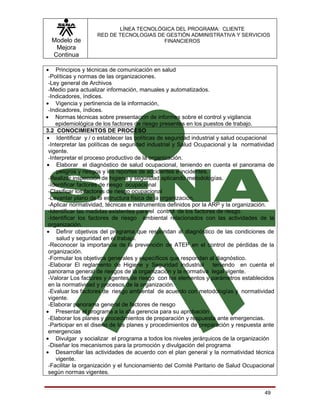 LÍNEA TECNOLÓGICA DEL PROGRAMA: CLIENTE
                    RED DE TECNOLOGIAS DE GESTIÓN ADMINISTRATIVA Y SERVICIOS
  Modelo de                              FINANCIEROS
   Mejora
  Continua

• Principios y técnicas de comunicación en salud
 -Políticas y normas de las organizaciones.
 -Ley general de Archivos
 -Medio para actualizar información, manuales y automatizados.
 -Indicadores, índices.
• Vigencia y pertinencia de la información,
 -Indicadores, índices.
• Normas técnicas sobre presentación de informes sobre el control y vigilancia
    epidemiológica de los factores de riesgo presentes en los puestos de trabajo.
3.2 CONOCIMIENTOS DE PROCESO
• Identificar y / o establecer las políticas de seguridad industrial y salud ocupacional
 -Interpretar las políticas de seguridad industrial y Salud Ocupacional y la normatividad
 vigente.
 -Interpretar el proceso productivo de la organización.
• Elaborar el diagnóstico de salud ocupacional, teniendo en cuenta el panorama de
     peligros y riesgos y los reportes de accidentes e incidentes.
 -Realizar inspección de higiene y seguridad aplicando metodologías.
 -Identificar factores de riesgo ocupacional
 -Clasificar los factores de riesgo ocupacional
 -Levantar plano de la estructura física de la organización.
 -Aplicar normatividad, técnicas e instrumentos definidos por la ARP y la organización.
 -Identificar las medidas existentes para el control de los factores de riesgo.
 -Identificar los factores de riesgo ambiental relacionados con las actividades de la
 organización.
• Definir objetivos del programa que respondan al diagnóstico de las condiciones de
     salud y seguridad en el trabajo.
 -Reconocer la importancia de la prevención de ATEP en el control de pérdidas de la
 organización.
 -Formular los objetivos generales y específicos que respondan al diagnóstico.
 -Elaborar El reglamento de Higiene y Seguridad Industrial teniendo en cuenta el
 panorama general de riesgos de la organización y la normativa legal vigente.
 -Valorar Los factores y agentes de riesgo con los elementos y parámetros establecidos
 en la normatividad y procesos de la organización.
 -Evaluar los factores de riesgo ambiental de acuerdo con metodologías y normatividad
 vigente.
 -Elaborar panorama general de factores de riesgo
• Presentar el programa a la alta gerencia para su aprobación
 -Elaborar los planes y procedimientos de preparación y respuesta ante emergencias.
 -Participar en el diseño de los planes y procedimientos de preparación y respuesta ante
 emergencias
• Divulgar y socializar el programa a todos los niveles jerárquicos de la organización
 -Diseñar los mecanismos para la promoción y divulgación del programa
• Desarrollar las actividades de acuerdo con el plan general y la normatividad técnica
     vigente.
 -Facilitar la organización y el funcionamiento del Comité Paritario de Salud Ocupacional
 según normas vigentes.


                                                                                     49
 