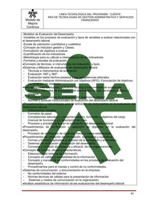 LÍNEA TECNOLÓGICA DEL PROGRAMA: CLIENTE
                   RED DE TECNOLOGIAS DE GESTIÓN ADMINISTRATIVA Y SERVICIOS
  Modelo de                             FINANCIEROS
   Mejora
  Continua

-Modelos de Evaluación del Desempeño;
-Variables en los procesos de evaluación y tipos de variables a evaluar relacionadas con
el desempeño laboral
-Escala de valoración cuantitativa y cualitativa
-Concepto de Indicador gestión y Clases.
-Formulación de objetivos a evaluar
-Cuantificación de los indicadores
-Metodología para su cálculo e interpretación de los indicadores.
-Formatos y escalas de evaluación.
•Concepto de técnicas, e instrumentos de evaluación, y tipos
•Sistemas y Métodos de evaluación del desempeño laboral
 - Técnicas e instrumentos de evaluación
 - Evaluación 180º y 360º.
 - Evaluación sobre hechos pasados y por competencias laborales
 - Evaluación mediante Administración por objetivos (APO); Formulación de objetivos,
    concertación de objetivos.
•Metodologías de Evaluación; aplicación técnica e instrumentos de evaluación.
 - Normas y manuales de evaluación del desempeño laboral; servidores públicos y
    privados
 - Formatos y formularios de evaluación del desempeño laboral
 - Normas y políticas institucionales de evaluación del desempeño laboral
•Procedimientos y metodologías para la aplicación de instrumentos en la evaluación del
desempeño laboral
 - Instrumentos virtuales
 - Formatos de papel
 - Competencias laborales y comportamentales, funciones y objetivos del cargo
    (manual de funciones) y/o descripción de roles.
 - Procesos y procedimientos en la evaluación del desempeño laboral
•Procedimientos de Verificación y validación de objetivos, en la evaluación del
desempeño.
 - Procesos de verificación de objetivos, frente a metas establecidas
•Procedimientos de validación de información, cuantitativa y cualitativa.
 - Formas y formatos aplicados al proceso de la evaluación y entrevistas.
 - Sistemas de verificación y evaluación del desempeño.
 - Concepto y contexto de eficiencia y eficacia de las organizaciones.
•Concepto de Control, clases y características.
 - Elaboración del sistema de información
 - Concepto de validez y confiabilidad de la información.
 - Concepto y manejo de no conformidades en los procesos de evaluación del
    desempeño.
 - Procedimientos para el manejo y control de no conformidades.
•Sistemas de comunicación y documentación en la empresa.
 - No conformidades del sistema
 - Normas técnicas de calidad para la presentación de información
 -   Sistemas y medios de comunicación en la organización.
•Análisis estadísticos de información de las evaluaciones del desempeño laboral


                                                                                    54
 