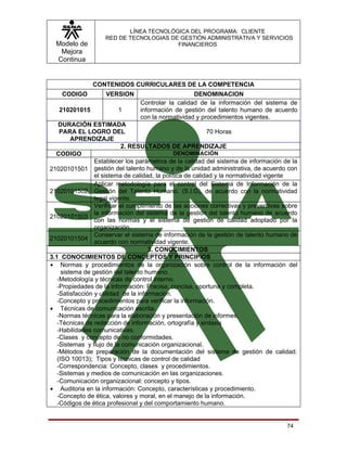 LÍNEA TECNOLÓGICA DEL PROGRAMA: CLIENTE
                    RED DE TECNOLOGIAS DE GESTIÓN ADMINISTRATIVA Y SERVICIOS
  Modelo de                              FINANCIEROS
   Mejora
  Continua


               CONTENIDOS CURRICULARES DE LA COMPETENCIA
    CODIGO          VERSION                        DENOMINACION
                                Controlar la calidad de la información del sistema de
   210201015            1       información de gestión del talento humano de acuerdo
                                con la normatividad y procedimientos vigentes.
    DURACIÓN ESTIMADA
    PARA EL LOGRO DEL                                       70 Horas
         APRENDIZAJE
                           2. RESULTADOS DE APRENDIZAJE
  CODIGO                                       DENOMINACIÓN
                 Establecer los parámetros de la calidad del sistema de información de la
21020101501 gestión del talento humano y de la unidad administrativa, de acuerdo con
                 el sistema de calidad, la política de calidad y la normatividad vigente
                 Aplicar metodología para el control del Sistema de Información de la
21020101502 Gestión del Talento Humano. (S.I.G), de acuerdo con la normatividad
                 legal vigente.
                 Verificar el cumplimiento de las acciones correctivas y preventivas sobre
                 la información del sistema de la gestión del talento humano de acuerdo
21020101503
                 con las normas y el sistema de gestión de calidad adoptado por la
                 organización.
                 Conservar el sistema de información de la gestión de talento humano de
21020101504
                 acuerdo con normatividad vigente.
                                      3. CONOCIMIENTOS
3.1 CONOCIMIENTOS DE CONCEPTOS Y PRINCIPIOS
• Normas y procedimientos de la organización sobre control de la información del
     sistema de gestión del talento humano.
   -Metodología y técnicas de control interno.
   -Propiedades de la información: Precisa, concisa, oportuna y completa.
   -Satisfacción y utilidad de la información.
   -Concepto y procedimientos para verificar la información.
• Técnicas de comunicación escrita.
   -Normas técnicas para la elaboración y presentación de informes.
   -Técnicas de redacción de información, ortografía y sintaxis
   -Habilidades comunicativas.
   -Clases y concepto de no conformidades.
   -Sistemas y flujo de la comunicación organizacional.
   -Métodos de preparación de la documentación del sistema de gestión de calidad.
   (ISO 10013); Tipos y técnicas de control de calidad
   -Correspondencia: Concepto, clases y procedimientos.
   -Sistemas y medios de comunicación en las organizaciones.
   -Comunicación organizacional: concepto y tipos.
• Auditoria en la información: Concepto, características y procedimiento.
   -Concepto de ética, valores y moral, en el manejo de la información.
   -Códigos de ética profesional y del comportamiento humano.


                                                                                      74
 