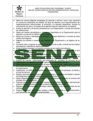 LÍNEA TECNOLÓGICA DEL PROGRAMA: CLIENTE
                     RED DE TECNOLOGIAS DE GESTIÓN ADMINISTRATIVA Y SERVICIOS
    Modelo de                             FINANCIEROS
     Mejora
    Continua

•    Aplica de manera diligente estrategias de atención y servicio, cara a cara, teniendo
     en cuenta los estándares de calidad, los tipos de clientes y sus requerimientos; las
     reglamentaciones institucionales, el protocolo y la etiqueta respectivos, durante la
     concertación de citas y el manejo de la agenda manual o electrónica, en español
•    Evalúa la atención y el servicio prestados por una Organización, a través de la libreta
     de calificaciones.
•    Opera los medios tecnológicos y aplicativos disponibles en la Organización para la
     atención y el servicio al cliente interno y externo.
•    Aplica las normas y estrategias de atención y cortesía telefónica y a través de otros
     medios tecnológicos.
•    Registra los clientes o usuarios que ingresan a la Organización y el objetivo de su
     visita.
•    Concierta citas y organiza la agenda personal y la de su jefe, a través de los medios
     tecnológicos o aplicativos disponibles.
•    Emite y recibe mensajes, en español a través de los medios tecnológicos.
•    Brinda e intercambia información básica personal, laboral y empresarial, cara a cara
     y a través de los medios tecnológicos,
•    Aplica de manera responsable las estrategias de atención y de servicio al cliente, a
     través de los medios tecnológicos y aplicativos disponibles, para la concertación de
     citas y el manejo de la agenda, de acuerdo con los estándares de calidad.
•    Elabora de manera responsable una propuesta de portafolio de servicios de la
     organización, en español y en inglés, aplicando el vocabulario técnico.
•    Aplica diligentemente las estrategias de atención y de servicio, cara a cara y a través
     de medios tecnológicos, de acuerdo con los estándares de calidad y las políticas de
     la Organización.
•    Implementa un CRM en la Organización, teniendo en cuenta el protocolo, el cliente y
     el nivel de servicio.
•    Elabora rigurosamente cronogramas de actividades y establece prioridades y planes
     de trabajo para facilitar el manejo y el control del tiempo.
•    Aplica diligentemente actitudes y valores en las relaciones públicas en procura del
     prestigio de la Organización.
•    Participa de manera proactiva en la realización del trabajo en equipo, demostrando
     actitud y liderazgo positivos durante el desarrollo de las actividades.
•    Registra con responsabilidad, mensajes relacionados con los requerimientos de los
     clientes.
•    Elabora de manera responsable, tarjetas y cartas de invitación y de agradecimiento,
     que favorezcan las relaciones empresariales.




                                                                                        90
 