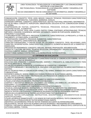 LÍNEA TECNOLÓGICA: TECNOLOGÍAS DE LA INFORMACIÓN Y LAS COMUNICACIONES
GESTIÓN DE LA INFORMACIÓN
RED TECNOLÓGICA: TECNOLOGÍAS DE LA INFORMACIÓN, DISEÑO Y DESARROLLO DE
SOFTWARE
RED DE CONOCIMIENTO: RED DE CONOCIMIENTO EN INFORMÁTICA, DISEÑO Y DESARROLLO
DE SOFTWARE
COMUNICACIÓN: CONCEPTO, TIPOS, USOS, MEDIOS, CANALES, TÉCNICAS, PROCESOS CARACTERÍSTICAS,
ESCENARIOS, COMPONENTES, FUNCIONES, BARRERAS, NIVELES.
EXPRESIÓN CORPORAL: CONCEPTO, CARACTERÍSTICAS, GESTOS, POSTURAS, EMOCIONES, SENTIMIENTOS
ACTOS DE HABLA: CONCEPTO, PERCEPCIÓN, OBSERVACIÓN, ESCUCHA ACTIVA, COMUNICACIÓN VERBAL Y
NO VERBAL.
COMPRENSIÓN DE TEXTOS: CONCEPTO, TÉCNICAS, PROCESOS, NIVELES, CARACTERÍSTICAS,
INTERPRETACIÓN, ELEMENTOS.
REDACCIÓN DE TEXTOS: TIPOS, USOS, CLASES, PARTES, FORMA, CONTENIDO, INTENCIONALIDAD, TÉCNICAS,
MÉTODOS, COHESIÓN, COHERENCIA, SINTAXIS, ORTOGRAFÍA, SIGNOS DE PUNTUACIÓN, SEMÁNTICA,
PRINCIPIOS Y CUALIDADES.
LA ARGUMENTACIÓN: CONCEPTO, PROCESOS, ELEMENTOS, CARACTERÍSTICAS, LA PREGUNTA, LA TESIS, EL
ARGUMENTO, LA CONCLUSIÓN, LA SÍNTESIS.
LA PROPOSICIÓN: CONCEPTO, PROCESOS, ELEMENTOS, CARACTERÍSTICAS.
EL ESTILO: CONCEPTO, CARACTERÍSTICAS, APLICACIÓN.
CARÁCTER CONVENCIONAL Y FUNCIÓN SOCIAL DE LOS SIGNOS: CONCEPTO, TIPOS, RELACIONES, USOS,
CARÁCTER, INTERPRETACIÓN, CARACTERÍSTICAS, CONTEXTO, ELEMENTOS BÁSICOS DE LA SEMIÓTICA Y
SEMIOLOGÍA.
PROCESOS DE PENSAMIENTO: CONCEPTO, ANÁLISIS, SÍNTESIS, PROPOSICIÓN, ARGUMENTACIÓN.
CONSULTA Y LECTURA: MÉTODOS, TÉCNICAS SELECCIÓN, ORGANIZACIÓN Y ARCHIVO DE INFORMACIÓN EN
DIVERSAS FUENTES, NIVELES, ESTRATEGIAS.
NORMATIVIDAD: NORMAS ICONTEC PARA LA ELABORACIÓN DE TEXTOS ESCRITOS.
4.7 CRITERIOS DE EVALUACIÓN
RECONOCE LA IMPORTANCIA, NATURALEZA Y CARACTERÍSTICAS DE LA COMUNICACIÓN HUMANA, SEGÚN EL
CONTEXTO EN EL QUE SE DESARROLLA.
ESCUCHA CON ATENCIÓN Y CONCENTRACIÓN, ASIENTE Y PREGUNTA AL HABLANTE-OYENTE PARA
RETROALIMENTAR EL PROCESO.
ESTABLECE ACUERDOS A PARTIR DE LA DIVERSIDAD DE CONCEPTOS Y OPINIONES.
INTERPRETA MENSAJES Y RECONSTRUYE EL DISCURSO CON SUS PROPIAS PALABRAS MANTENIENDO EL
SENTIDO.
APLICA TÉCNICAS PARA LA COMUNICACIÓN VERBAL Y NO VERBAL TENIENDO EN CUENTA CARACTERÍSTICAS
COMUNICATIVAS.
INTERPRETA SEÑALES, SIGNOS, SÍMBOLOS E ÍCONOS PROPIOS DE SU ACTIVIDAD LABORAL.
USA EL LÉXICO CON PRECISIÓN Y PROPIEDAD EN LOS PROCESOS DE COMUNICACIÓN RELACIONADOS CON
EL ÁREA DE DESEMPEÑO LABORAL.
GRÁFICA LA INFORMACIÓN UTILIZANDO INSTRUMENTOS GRÁFICOS SEMÁNTICOS.
UTILIZA LA INFORMACIÓN SEGÚN EL PROPÓSITO ESTABLECIDO.
CODIFICA Y DECODIFICA MENSAJES UTILIZANDO LOS ÍCONOS, LOS SÍMBOLOS, LAS SEÑALES, PLANOS,
ESQUEMAS Y FLUJOGRAMAS SEGÚN REQUERIMIENTO.
APROPIA UN MÉTODO PARA LEER COMPRENSIVA E INTERPRETATIVAMENTE.
UTILIZA EL LENGUAJE SEGÚN EL DESTINATARIO, EL PROPÓSITO, EL CONTEXTO Y EL CONTENIDO.
APLICA TÉCNICAS PARA LA COMUNICACIÓN VERBAL Y NO VERBAL SEGÚN REQUERIMIENTOS ESTABLECIDOS.
REDACTA TEXTOS CON COHESIÓN Y COHERENCIA SIGUIENDO PAUTAS DE PROGRESIÓN TEMÁTICA.
EMPLEA EN LA ELABORACIÓN DE TEXTOS LAS ESTRUCTURAS TEXTUALES BÁSICAS.
PRODUCE TEXTOS EXPLICATIVOS, INSTRUCTIVOS, DESCRIPTIVOS O ARGUMENTATIVOS SEGÚN
ESPECIFICACIONES.
UTILIZA LAS REGLAS GRAMATICALES Y LOS SIGNOS DE PUNTUACIÓN SEGÚN EL TEXTO COMUNICATIVO.
EMPLEA PARA LA PRODUCCIÓN DE TEXTOS NORMATIVIDAD VIGENTE.
IDENTIFICA LOS DIFERENTES TIPOS DE TEXTOS TENIENDO EN CUENTA SU INTENCIONALIDAD.
SELECCIONA EL TIPO DE TEXTO DE ACUERDO CON SUS INTERESES Y NECESIDADES DE CONOCIMIENTO.
CODIFICA Y DECODIFICA MENSAJES UTILIZANDO LOS ÍCONOS, SÍMBOLOS, SEÑALES EN EL CONTEXTO DE SU
ACTIVIDAD LABORAL Y SOCIAL.
Página 19 de 52
21/01/21 04:39 PM
 