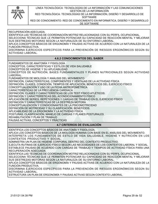 LÍNEA TECNOLÓGICA: TECNOLOGÍAS DE LA INFORMACIÓN Y LAS COMUNICACIONES
GESTIÓN DE LA INFORMACIÓN
RED TECNOLÓGICA: TECNOLOGÍAS DE LA INFORMACIÓN, DISEÑO Y DESARROLLO DE
SOFTWARE
RED DE CONOCIMIENTO: RED DE CONOCIMIENTO EN INFORMÁTICA, DISEÑO Y DESARROLLO
DE SOFTWARE
RECUPERACIÓN ADECUADA.
IDENTIFICA LAS TÉCNICAS DE COORDINACIÓN MOTRIZ RELACIONADAS CON SU PERFIL OCUPACIONAL.
SELECCIONA TÉCNICAS QUE LE PERMITEN POTENCIAR SU CAPACIDAD DE REACCIÓN MENTAL Y MEJORAR
SUS DESTREZAS MOTORAS SEGÚN LA NATURALEZA DE SU ENTORNO LABORAL.
APLICA CONCEPTOS BÁSICOS DE ERGONOMÍA Y PAUSAS ACTIVAS DE ACUERDO CON LA NATURALEZA DE LA
FUNCIÓN PRODUCTIVA.
DISCRIMINA EJERCICIOS ESPECÍFICOS PARA LA PREVENCIÓN DE RIESGOS ERGONÓMICOS SEGÚN SU
ACTIVIDAD LABORAL.
4.6.2 CONOCIMIENTOS DEL SABER
FUNDAMENTOS DE ANATOMÍA Y FISIOLOGÍA
CONCEPTOS, CARACTERÍSTICAS Y ESTILOS DE VIDA SALUDABLE
CONCEPTOS DE HIGIENE Y SU APLICABILIDAD
CONCEPTOS DE NUTRICIÓN, BASES FUNDAMENTALES Y PLANES NUTRICIONALES SEGÚN ACTIVIDAD
LABORAL.
FUNDAMENTOS DE MIOLOGÍA Y ANÁLISIS DEL MOVIMIENTO
DEFINICIÓN, CARACTERÍSTICAS, COMPONENTES Y VENTAJAS DE LA ACTIVIDAD FÍSICA
DEFINICIÓN, CLASES, CONDICIÓN, TIEMPOS DE APLICACIÓN, BENEFICIOS DEL EJERCICIO FÍSICO
CONCEPTUALIZACIÓN Y USO DE LA FICHA ANTROPOMÉTRICA
CARACTERÍSTICAS DE LA FRECUENCIA CARDIACA
DEFINICIÓN, CLASES Y CARACTERÍSTICAS DE LOS TEST FÍSICO ATLÉTICOS.
DEFINICIÓN Y CARACTERÍSTICAS DEL ACONDICIONAMIENTO FÍSICO
APLICACIÓN DE SERIES, REPETICIONES Y CARGAS DE TRABAJO EN EL EJERCICIO FÍSICO
DEFINICIÓN Y CARACTERÍSTICAS DE LA DESTREZA MOTORA
CONCEPTUALIZACIÓN Y CONDICIONANTES DE LA PSICOMOTRICIDAD
DEFINICIÓN DE MOTRICIDAD Y SU CLASIFICACIÓN, BENEFICIOS.
APLICABILIDAD DE LA ERGONOMÍA Y LA ACTIVIDAD FÍSICA
POSTURAS, CLASIFICACIÓN, MANEJO DE CARGAS Y PLANES POSTURALES
REHABILITACIÓN Y PLAN DE TRABAJO
PAUSAS ACTIVAS, CONCEPTOS Y PRÁCTICAS
4.7 CRITERIOS DE EVALUACIÓN
IDENTIFICA LOS CONCEPTOS BÁSICOS DE ANATOMÍA Y FISIOLOGÍA.
APLICA LOS CONCEPTOS BÁSICOS DE LA MIOLOGÍA HUMANA CON BASE EN EL ANÁLISIS DEL MOVIMIENTO.
INTERPRETA LOS FUNDAMENTOS DE ESTILO DE VIDA SALUDABLE, HIGIENE Y NUTRICIÓN EN LOS
CONTEXTOS PRODUCTIVO Y SOCIAL.
ADMINISTRA UN PLAN DE HIGIENE CORPORAL DENTRO DEL CONTEXTO PRODUCTIVO.
EJECUTA RUTINAS DE EJERCICIO FÍSICO SEGÚN LAS NECESIDADES DE LOS CONTEXTOS LABORAL Y SOCIAL.
ESTABLECE PAUSAS DE ACUERDO CON CARGAS DE TRABAJO Y TIEMPOS DE ACTIVIDAD FÍSICA PARA UNA
RECUPERACIÓN ADECUADA.
IDENTIFICA LAS TÉCNICAS DE COORDINACIÓN MOTRIZ RELACIONADAS CON SU PERFIL OCUPACIONAL.
SELECCIONA TÉCNICAS QUE LE PERMITEN POTENCIAR SU CAPACIDAD DE REACCIÓN MENTAL Y MEJORAR
SUS DESTREZAS MOTORAS SEGÚN LA NATURALEZA DE SU ENTORNO LABORAL.
APLICA CONCEPTOS BÁSICOS DE ERGONOMÍA Y PAUSAS ACTIVAS DE ACUERDO CON LA NATURALEZA DE LA
FUNCIÓN PRODUCTIVA.
DISCRIMINA EJERCICIOS ESPECÍFICOS PARA LA PREVENCIÓN DE RIESGOS ERGONÓMICOS SEGÚN SU
ACTIVIDAD LABORAL.
ESTRUCTURA UN PLAN DE ERGONOMÍA Y PAUSAS ACTIVAS SEGÚN CONTEXTO LABORAL.
Página 29 de 52
21/01/21 04:39 PM
 
