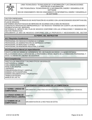 LÍNEA TECNOLÓGICA: TECNOLOGÍAS DE LA INFORMACIÓN Y LAS COMUNICACIONES
GESTIÓN DE LA INFORMACIÓN
RED TECNOLÓGICA: TECNOLOGÍAS DE LA INFORMACIÓN, DISEÑO Y DESARROLLO DE
SOFTWARE
RED DE CONOCIMIENTO: RED DE CONOCIMIENTO EN INFORMÁTICA, DISEÑO Y DESARROLLO
DE SOFTWARE
GESTIÓN EMPRESARIAL
INTEGRA ELEMENTOS BÁSICOS DE INVESTIGACIÓN DE ACUERDO CON LAS NECESIDADES DESCRIPTIVAS DEL
PLAN DE NEGOCIO
DETERMINA GRUPOS FOCALES DE MERCADO DE ACUERDO CON LA IDEA DE NEGOCIO
CONSTRUYE PROPUESTAS EMPRESARIALES Y DE NEGOCIO TENIENDO EN CUENTA LAS NECESIDADES Y
SEGMENTACIÓN DEL MERCADO
DETERMINA EL IMPACTO DEL PLAN DE NEGOCIO CONFORME CON LAS ATRIBUCIONES Y DINÁMICAS DEL
SECTOR PRODUCTIVO
ARGUMENTA LA IDEA DE NEGOCIO CONFORME CON LA PROPUESTA Y NECESIDADES DEL SECTOR
4.8 PERFIL DEL INSTRUCTOR
4.8.1 Requisitos Académicos:
PROFESIONAL EN CIENCIAS ECONÓMICAS O AFINES
PROFESIONAL EN ADMINISTRACIÓN DE EMPRESAS O AFINES
PROFESIONAL EN MERCADEO O AFINES
PROFESIONAL EN INGENIERÍA INDUSTRIAL O AFINES
4.8.2 Experiencia laboral y/o especialización:
VEINTICUATRO (24) MESES DE EXPERIENCIA: DE LOS CUALES DIECIOCHO (12) MESES ESTARÁN
RELACIONADOS CON EL EJERCICIO DE LA PROFESIÓN U OFICIO OBJETO DE LA FORMACIÓN PROFESIONAL Y
DOCE (12) MESES EN LABORES DE DOCENCIA.
4.8.3 Competencias:
PRÁCTICA DE PRINCIPIOS Y VALORES ÉTICOS UNIVERSALES.
DISPOSICIÓN AL CAMBIO.
HABILIDADES INVESTIGATIVAS.
MANEJO DE GRUPOS.
LIDERAZGO
COMUNICACIÓN EFICAZ Y ASERTIVA
DOMINIO LECTO-ESCRITURAL
DOMINIO ARGUMENTATIVO Y PROPOSITIVO
TRABAJO EN EQUIPO.
MANEJO DE LAS TIC
4.CONTENIDOS CURRICULARES DE LA COMPETENCIA
IMPLEMENTAR LA RED FÍSICA DE DATOS SEGÚN DISEÑO Y ESTÁNDARES TÉCNICOS.
4.1 NORMA / UNIDAD DE
COMPETENCIA
220501103
4.2 CÓDIGO NORMA DE
COMPETENCIA LABORAL
4.3 NOMBRE DE LA
COMPETENCIA
IMPLEMENTACIÓN DE LA RED FÍSICA DE DATOS.
Página 32 de 52
21/01/21 04:39 PM
 
