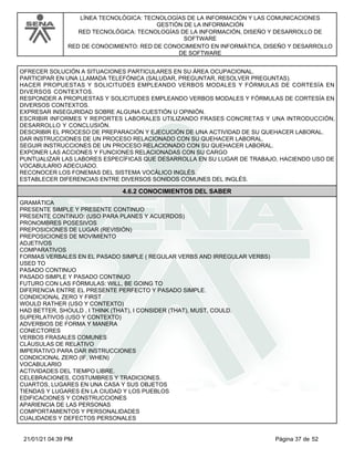 LÍNEA TECNOLÓGICA: TECNOLOGÍAS DE LA INFORMACIÓN Y LAS COMUNICACIONES
GESTIÓN DE LA INFORMACIÓN
RED TECNOLÓGICA: TECNOLOGÍAS DE LA INFORMACIÓN, DISEÑO Y DESARROLLO DE
SOFTWARE
RED DE CONOCIMIENTO: RED DE CONOCIMIENTO EN INFORMÁTICA, DISEÑO Y DESARROLLO
DE SOFTWARE
OFRECER SOLUCIÓN A SITUACIONES PARTICULARES EN SU ÁREA OCUPACIONAL.
PARTICIPAR EN UNA LLAMADA TELEFÓNICA (SALUDAR, PREGUNTAR, RESOLVER PREGUNTAS).
HACER PROPUESTAS Y SOLICITUDES EMPLEANDO VERBOS MODALES Y FÓRMULAS DE CORTESÍA EN
DIVERSOS CONTEXTOS.
RESPONDER A PROPUESTAS Y SOLICITUDES EMPLEANDO VERBOS MODALES Y FÓRMULAS DE CORTESÍA EN
DIVERSOS CONTEXTOS.
EXPRESAR INSEGURIDAD SOBRE ALGUNA CUESTIÓN U OPINIÓN.
ESCRIBIR INFORMES Y REPORTES LABORALES UTILIZANDO FRASES CONCRETAS Y UNA INTRODUCCIÓN,
DESARROLLO Y CONCLUSIÓN.
DESCRIBIR EL PROCESO DE PREPARACIÓN Y EJECUCIÓN DE UNA ACTIVIDAD DE SU QUEHACER LABORAL.
DAR INSTRUCCIONES DE UN PROCESO RELACIONADO CON SU QUEHACER LABORAL.
SEGUIR INSTRUCCIONES DE UN PROCESO RELACIONADO CON SU QUEHACER LABORAL.
EXPONER LAS ACCIONES Y FUNCIONES RELACIONADAS CON SU CARGO
PUNTUALIZAR LAS LABORES ESPECÍFICAS QUE DESARROLLA EN SU LUGAR DE TRABAJO, HACIENDO USO DE
VOCABULARIO ADECUADO.
RECONOCER LOS FONEMAS DEL SISTEMA VOCÁLICO INGLÉS.
ESTABLECER DIFERENCIAS ENTRE DIVERSOS SONIDOS COMUNES DEL INGLÉS.
4.6.2 CONOCIMIENTOS DEL SABER
GRAMÁTICA
PRESENTE SIMPLE Y PRESENTE CONTINUO
PRESENTE CONTINUO: (USO PARA PLANES Y ACUERDOS)
PRONOMBRES POSESIVOS
PREPOSICIONES DE LUGAR (REVISIÓN)
PREPOSICIONES DE MOVIMIENTO
ADJETIVOS
COMPARATIVOS
FORMAS VERBALES EN EL PASADO SIMPLE ( REGULAR VERBS AND IRREGULAR VERBS)
USED TO
PASADO CONTINUO
PASADO SIMPLE Y PASADO CONTINUO
FUTURO CON LAS FÓRMULAS: WILL, BE GOING TO
DIFERENCIA ENTRE EL PRESENTE PERFECTO Y PASADO SIMPLE.
CONDICIONAL ZERO Y FIRST
WOULD RATHER (USO Y CONTEXTO)
HAD BETTER, SHOULD , I THINK (THAT), I CONSIDER (THAT), MUST, COULD.
SUPERLATIVOS (USO Y CONTEXTO)
ADVERBIOS DE FORMA Y MANERA
CONECTORES
VERBOS FRASALES COMUNES
CLÁUSULAS DE RELATIVO
IMPERATIVO PARA DAR INSTRUCCIONES
CONDICIONAL ZERO (IF, WHEN)
VOCABULARIO
ACTIVIDADES DEL TIEMPO LIBRE.
CELEBRACIONES, COSTUMBRES Y TRADICIONES.
CUARTOS, LUGARES EN UNA CASA Y SUS OBJETOS
TIENDAS Y LUGARES EN LA CIUDAD Y LOS PUEBLOS
EDIFICACIONES Y CONSTRUCCIONES
APARIENCIA DE LAS PERSONAS
COMPORTAMIENTOS Y PERSONALIDADES
CUALIDADES Y DEFECTOS PERSONALES
Página 37 de 52
21/01/21 04:39 PM
 