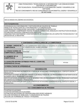 LÍNEA TECNOLÓGICA: TECNOLOGÍAS DE LA INFORMACIÓN Y LAS COMUNICACIONES
GESTIÓN DE LA INFORMACIÓN
RED TECNOLÓGICA: TECNOLOGÍAS DE LA INFORMACIÓN, DISEÑO Y DESARROLLO DE
SOFTWARE
RED DE CONOCIMIENTO: RED DE CONOCIMIENTO EN INFORMÁTICA, DISEÑO Y DESARROLLO
DE SOFTWARE
SEIS (6) MESES EN LABORES DE DOCENCIA.
4.8.3 Competencias:
EXPERIENCIA EN CONFORMACIÓN Y PARTICIPACIÓN DE EQUIPOS DE TRABAJO
MANEJO DE TECNOLOGÍAS DE LA INFORMACIÓN Y LA COMUNICACIÓN
EXPERIENCIA EN FORMULACIÓN, EJECUCIÓN Y EVALUACIÓN DE PROYECTOS
LEER, ESCRIBIR Y COMPRENDER TEXTOS TÉCNICOS, NORMATIVOS, MANUALES E INSTRUCTIVOS EN INGLÉS
ESTABLECER PROCESOS COMUNICATIVOS ASERTIVOS
HABILIDAD PARA MANTENERSE CONSTANTEMENTE ACTUALIZADO EN LOS ASPECTOS TECNOLÓGICOS Y DE
NEGOCIOS DE LA INDUSTRIA
4.CONTENIDOS CURRICULARES DE LA COMPETENCIA
Razonar cuantitativamente frente a situaciones susceptibles de ser abordadas de manera matemática
en contextos laborales, sociales y personales.
4.1 NORMA / UNIDAD DE
COMPETENCIA
240201528
4.2 CÓDIGO NORMA DE
COMPETENCIA LABORAL
4.3 NOMBRE DE LA
COMPETENCIA
MATEMÁTICAS
4.5 RESULTADOS DE APRENDIZAJE
4.4 DURACIÓN MÁXIMA ESTIMADA PARA EL LOGRO DEL
APRENDIZAJE (Horas)
48 horas
DENOMINACIÓN
RESOLVER PROBLEMAS MATEMÁTICOS A PARTIR DE SITUACIONES GENERADAS EN EL CONTEXTO SOCIAL Y
PRODUCTIVO.
PROPONER ACCIONES DE MEJORA FRENTE A LOS RESULTADOS DE LOS PROCEDIMIENTOS MATEMÁTICOS DE
ACUERDO CON EL PROBLEMA PLANTEADO.
IDENTIFICAR MODELOS MATEMÁTICOS DE ACUERDO CON LOS REQUERIMIENTOS DEL PROBLEMA PLANTEADO
EN CONTEXTOS SOCIALES Y PRODUCTIVO.
PLANTEAR PROBLEMAS MATEMÁTICOS A PARTIR DE SITUACIONES GENERADAS EN EL CONTEXTO SOCIAL Y
PRODUCTIVO.
4.6 CONOCIMIENTOS
4.6.1 CONOCIMIENTOS DE PROCESO
PLANTEAR ECUACIONES
PLANTEAR SISTEMAS DE ECUACIONES
ESTABLECER RELACIONES DE PROPORCIONALIDAD ENTRE VARIABLES
APLICAR CRITERIOS DE SEMEJANZA Y CONGRUENCIA DE FIGURAS.
APLICAR LOS TEOREMAS DE THALES Y PITÁGORAS.
Página 43 de 52
21/01/21 04:39 PM
 