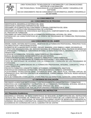 LÍNEA TECNOLÓGICA: TECNOLOGÍAS DE LA INFORMACIÓN Y LAS COMUNICACIONES
GESTIÓN DE LA INFORMACIÓN
RED TECNOLÓGICA: TECNOLOGÍAS DE LA INFORMACIÓN, DISEÑO Y DESARROLLO DE
SOFTWARE
RED DE CONOCIMIENTO: RED DE CONOCIMIENTO EN INFORMÁTICA, DISEÑO Y DESARROLLO
DE SOFTWARE
4.6 CONOCIMIENTOS
4.6.1 CONOCIMIENTOS DE PROCESO
IDENTIFICAR EL DESARROLLO HISTÓRICO DEL SENA
IDENTIFICAR LA IDENTIDAD CORPORATIVA DEL SENA
DESCRIBIR LOS ELEMENTOS QUE CONFORMAN LA IMAGEN CORPORATIVA DEL SENA
IDENTIFICAR LA ESTRUCTURA ORGANIZACIONAL DE LA ENTIDAD
DESCRIBIR LAS NORMAS DE CONVIVENCIA QUE REGULAN EL COMPORTAMIENTO DEL APRENDIZ, DURANTE
EL PROCESO DE FORMACIÓN
DESCRIBIR LAS CARACTERÍSTICAS DE LA FORMACIÓN PROFESIONAL INTEGRAL DEL SENA
DIFERENCIAR LAS CARACTERÍSTICAS DE LA OFERTA DE PROGRAMAS DE FORMACIÓN PROFESIONAL
INTEGRAL
4.6.2 CONOCIMIENTOS DEL SABER
MISIÓN, VISIÓN, HISTORIA INSTITUCIONAL, OBJETIVOS DE LA FORMACIÓN PROFESIONAL, PRINCIPIOS TICOS,
VALORES ÉTICOS Y PROCEDERES ÉTICOS.
ELEMENTOS DE LA IMAGEN INSTITUCIONAL: ESCUDO, BANDERA, LOGO SÍMBOLO, HIMNO, ESCARAPELAS.
ESTRUCTURA ORGANIZACIONAL DEL SERVICIO NACIONAL DE APRENDIZAJE SENA, POLÍTICAS DE BIENESTAR
A APRENDICES Y NORMAS DE CONVIVENCIA INTERNA: ALTERNATIVAS PARA EL DESARROLLO DE LA ETAPA
PRODUCTIVA.
ETAPAS DE LA FORMACIÓN: TIPOLOGÍA, CARACTERÍSTICAS, PROCEDIMIENTO.
MANUAL DE CONVIVENCIA, NORMA ESPECÍFICA DE LOS CENTROS.
FORMACIÓN PROFESIONAL INTEGRAL: CONCEPTO, PRINCIPIOS Y CARACTERÍSTICAS.
TIPOS DE OFERTA DE PROGRAMAS DE FORMACIÓN PROFESIONAL Y SUS CARACTERÍSTICAS.
TIPOS DE CERTIFICADO DE ACUERDO CON LA FORMACIÓN Y DURACIÓN DE LOS PROGRAMAS DE
FORMACIÓN.
DESARROLLO DE COMPETENCIAS EN LA FORMACIÓN PROFESIONAL INTEGRAL: CONCEPTO, TIPOS Y
CARACTERÍSTICAS.
PROYECTO FORMATIVO: CONCEPTO, FASES, ACTIVIDADES, DENOMINACIÓN, OBJETIVOS.
PORTAFOLIO DE EVIDENCIAS: ESTRUCTURA, TIPOS DE EVIDENCIA, FORMATO, CONTENIDOS.
PLATAFORMAS TECNOLÓGICAS SENA: TUTORIALES SENA: LMS, SOFÍA PLUS, SISTEMA VIRTUAL DE
APRENDICES (SVA), GESTIÓN CONTRATO DE APRENDIZAJE. CORREO MISENA, PORTALES, REDES SOCIALES
DE LA ENTIDAD
RUTA DE FORMACIÓN: ETAPA LECTIVA, ETAPA PRÁCTICA (ALTERNATIVAS). DURACIÓN, CARACTERÍSTICAS,
4.7 CRITERIOS DE EVALUACIÓN
RECONOCE LA IDENTIDAD INSTITUCIONAL Y LOS PROCEDIMIENTOS ADMINISTRATIVOS Y FORMATIVOS
IDENTIFICA LOS COMPONENTES Y ESTRUCTURA DE LA FORMACIÓN PROFESIONAL INTEGRAL SEGÚN EL
PROGRAMA DE FORMACIÓN Y SU PERFIL COMO APRENDIZ DEL SENA
INCORPORA A SU PROYECTO DE VIDA LAS OPORTUNIDADES OFRECIDAS POR EL SENA
4.8 PERFIL DEL INSTRUCTOR
4.8.1 Requisitos Académicos:
DESARROLLO INTEGRAL DE ESTA COMPETENCIA SE REQUIERE LA PARTICIPACIÓN DEL INSTRUCTOR
TÉCNICO DEL PROGRAMA DE FORMACIÓN, LOS INSTRUCTORES DE LAS COMPETENCIAS CLAVE Y
TRANSVERSALES, EL PROFESIONAL DE DESARROLLO HUMANO, EQUIPO DE BIENESTAR Y LIDERAZGO AL
APRENDIZ, RELACIONES CORPORATIVAS, ADMINISTRACIÓN EDUCATIVA, COORDINADORES MISIONALES Y
ACADÉMICOS EN COORDINACIÓN CON EL SUBDIRECTOR DE CENTRO
Página 46 de 52
21/01/21 04:39 PM
 