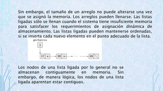 Sin embargo, el tamaño de un arreglo no puede alterarse una vez 
que se asignó la memoria. Los arreglos pueden llenarse. Las listas 
ligadas sólo se llenan cuando el sistema tiene insuficiente memoria 
para satisfacer los requerimientos de asignación dinámica de 
almacenamiento. Las listas ligadas pueden mantenerse ordenadas, 
si se inserta cada nuevo elemento en el punto adecuado de la lista. 
Los nodos de una lista ligada por lo general no se 
almacenan contiguamente en memoria. Sin 
embargo, de manera lógica, los nodos de una lista 
ligada aparentan estar contiguos. 
 