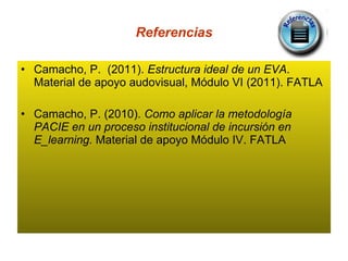 Referencias Camacho, P.  (2011).  Estructura ideal de un   EVA .  Material de apoyo audovisual, Módulo VI (2011). FATLA Camacho, P. (2010).  Como aplicar la metodología PACIE en un proceso institucional de incursión en E_learning.  Material de apoyo Módulo IV. FATLA 