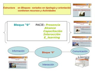 Estructura  en Bloques  variados en tipología y orientación contienen recursos y Actividades  Bloque “0”   PACIE:  Presencia Alcance Capacitación Interacción  E_learning   Bloque “0” Comunicación Información Interacción 
