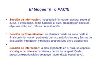 El bloque “0” o PACIE Sección de información :  muestra la información general sobre el curso, a evaluación, como funciona el aula, presentación del tutor, objetivos del curso, rúbrica de evaluación  Sección de Comunicación:  se alimenta desde su inicio hasta el final con in formación pertinente , enfatizando los inicios y fechas de evaluación, interacción y trabajos cooperativos entre estudiantes Sección de Interacción ; la más importante en el aula, un espacio social que permite acercamiento y deriva en la aparición de procesos experienciales de apoyo ( aprendizaje cooperativo).  
