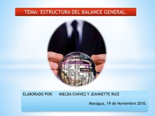 ELABORADO POR: IMELDA CHÁVEZ Y JEANNETTE RUIZ
Managua, 19 de Noviembre 2010.
TEMA: ESTRUCTURA DEL BALANCE GENERAL.
 