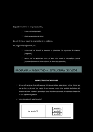 ESTRUCTURA DE DATOS
Se puede considerar un conjunto de datos,

           •   Como una sola entidad…

           •   Como un solo tipo de dato…

De esta forma, se reduce la complejidad de un problema.

Un programa esta formado por:

           •   Estructuras de control y llamadas a funciones (el algoritmo de nuestro
               programa).

           •   Datos, con sus respectivos tipos, ya sean estos atómicos o complejos, juntos
               forman una jerarquía (la estructura de datos del programa).




   PROGRAMA = ALGORITMO + ESTRUCTURA DE DATOS


                              ARREGLOS UNIDIMENSIONALES

   •   Un arreglo de una dimensión es una lista de variables, todas de un mismo tipo a las
       que se hace referencia por medio de un nombre común. Una variable individual del
       arreglo se llama elemento del arreglo. Para declarar un arreglo de una sola dimensión
       se usa el formato general:

   •   tipo_dato identificador[tamaño];
 