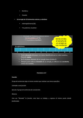 •   Nombre y

              •   Tamaño

    •     Un arreglo de 10 elementos enteros, se declara:

              •   intArregloEnteros[10];

              •   Y lo podemos visualizar:




                                             Funciones en C

Función

Grupo de sentencias bajo el mismo nombre que realizan una tarea específica.

Llamada a una función

Ejecuta el grupo de sentencias de una función.

Retorno

Una vez “llamada” la función, esta hace su trabajo, y regresa al mismo punto donde
fuellamada.
 