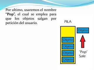 Por ultimo, usaremos el nombre
“Pop”, el cual se emplea para
que los objetos salgan por
petición del usuario.
 