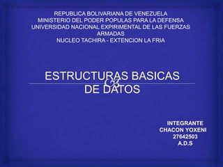 ESTRUCTURAS BASICAS
DE DATOS
INTEGRANTE
CHACON YOXENI
27642503
A.D.S
 