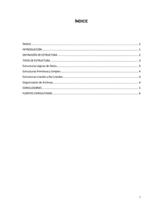I 
ÍNDICE 
ÍNDICE ...................................................................................................................................... 2 
INTRODUCCIÓN......................................................................................................................... 1 
DEFINICIÓN DE ESTRUCTURA ..................................................................................................... 2 
TIPOS DE ESTRUCTURA .............................................................................................................. 3 
Estructuras Lógicas de Datos ...................................................................................................... 4 
Estructuras Primitivas y Simples ................................................................................................. 4 
Estructuras Lineales y No Lineales .............................................................................................. 4 
Organización de Archivos ........................................................................................................... 4 
CONCLUSIONES ......................................................................................................................... 5 
FUENTES CONSULTADAS ............................................................................................................ 6 
 