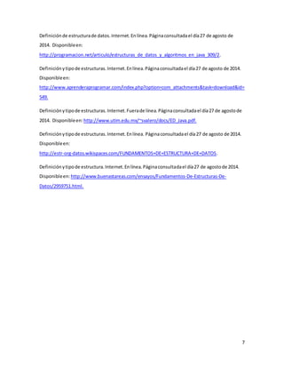 7 
Definición de estructura de datos. Internet. En línea. Página consultada el día 27 de agosto de 
2014. Disponible en: 
http://programacion.net/articulo/estructuras_de_datos_y_algoritmos_en_java_309/2. 
Definición y tipo de estructuras. Internet. En línea. Página consultada el día 27 de agosto de 2014. 
Disponible en: 
http://www.aprenderaprogramar.com/index.php?option=com_attachments&task=download&id= 
549. 
Definición y tipo de estructuras. Internet. Fuera de línea. Página consultada el día 27 de agosto de 
2014. Disponible en: http://www.utim.edu.mx/~svalero/docs/ED_Java.pdf. 
Definición y tipo de estructuras. Internet. En línea. Página consultada el día 27 de agosto de 2014. 
Disponible en: 
http://estr-org-datos.wikispaces.com/FUNDAMENTOS+DE+ESTRUCTURA+DE+DATOS. 
Definición y tipo de estructura. Internet. En línea. Página consultada el día 27 de agosto de 2014. 
Disponible en: http://www.buenastareas.com/ensayos/Fundamentos-De-Estructuras-De- 
Datos/2959751.html. 
