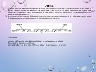 Dobles. 
Una lista enlazada doble es una colección de nodos que cuentan con dos direcciones en cada uno de sus nodos y 
que en conjunto forman una estructura de datos lineal. Cada nodo es un objeto compuesto que guarda una 
referencia a un elemento (dato), una referencia al nodo anterior (dirección predecesora) y una referencia al nodo 
siguiente (dirección sucesora). 
Un nodo de una lista enlazada doble puede determinar quien se encuentra después de él y quien se encuentra antes 
de él, ya que cuenta con las direcciones de los nodos siguiente y anterior. 
Operaciones 
Inserción (Al final del la lista, al inicio de la lista y en cierta posición de la lista) 
Recorrido (Por el inicio y por el final) 
Eliminación (Del inicio de la lista, del final de la lista y de cierta posición de la lista). 
 