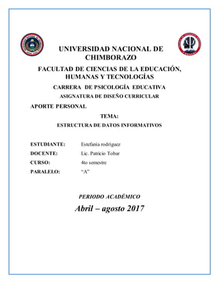 UNIVERSIDAD NACIONAL DE
CHIMBORAZO
FACULTAD DE CIENCIAS DE LA EDUCACIÓN,
HUMANAS Y TECNOLOGÍAS
CARRERA DE PSICOLOGÍA EDUCATIVA
ASIGNATURA DE DISEÑO CURRICULAR
APORTE PERSONAL
TEMA:
ESTRUCTURA DE DATOS INFORMATIVOS
ESTUDIANTE: Estefanía rodríguez
DOCENTE: Lic. Patricio Tobar
CURSO: 4to semestre
PARALELO: “A”
PERIODO ACADÉMICO
Abril – agosto 2017
 