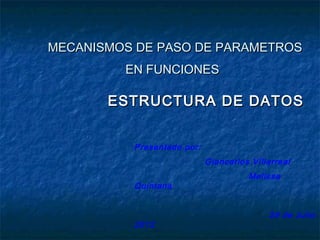 MECANISMOS DE PASO DE PARAMETROS
         EN FUNCIONES

       ESTRUCTURA DE DATOS


          Presentado por:
                            Giancarlos Villarreal
                                      Melissa
          Quintana


                                           29 de Julio
          2012
 