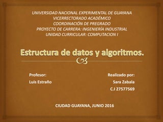 Profesor: Realizado por:
Luis Estraño Sara Zabala
C.I 27577569
CIUDAD GUAYANA, JUNIO 2016
 