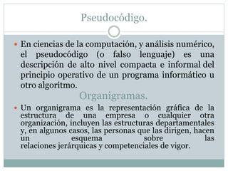 Pseudocódigo.
 En ciencias de la computación, y análisis numérico,
el pseudocódigo (o falso lenguaje) es una
descripción de alto nivel compacta e informal del
principio operativo de un programa informático u
otro algoritmo.
Organigramas.
 Un organigrama es la representación gráfica de la
estructura de una empresa o cualquier otra
organización, incluyen las estructuras departamentales
y, en algunos casos, las personas que las dirigen, hacen
un esquema sobre las
relaciones jerárquicas y competenciales de vigor.
 