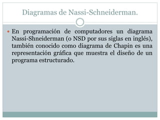 Diagramas de Nassi-Schneiderman.
 En programación de computadores un diagrama
Nassi-Shneiderman (o NSD por sus siglas en inglés),
también conocido como diagrama de Chapin es una
representación gráfica que muestra el diseño de un
programa estructurado.
 