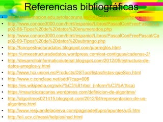 Referencias bibliográficas
• http://teleformacion.edu.aytolacoruna.es/PASCAL/document/tipos.htm
• http://www.conoce3000.com/html/espaniol/Libros/PascalConFreePascal/Ca
p02-08-Tipos%20de%20datos%20enumerados.php
• http://www.conoce3000.com/html/espaniol/Libros/PascalConFreePascal/Ca
p02-09-Tipos%20de%20datos%20subrango.php
• http://fannyestructuradatos.blogspot.com/p/arreglos.html
• https://umxestructuradedatos.wordpress.com/est-contiguas/cadenas-2/
• http://desarrolloinformaticoiutepal.blogspot.com/2012/05/estructura-de-
datos-arreglos-y.html
• http://www.hci.uniovi.es/Products/DSTool/listas/listas-queSon.html
• http://www.c.conclase.net/edd/?cap=006
• https://es.wikipedia.org/wiki/%C3%81rbol_(inform%C3%A1tica)
• https://mauriciozacarias.wordpress.com/definicion-de-algoritmo/
• http://algoritmos021415.blogspot.com/2012/04/representacion-de-un-
algoritmo.html
• http://www.iesjuandelacierva.com/paginade/fupro/apuntes/ut5.htm
• http://eii.ucv.cl/nessi/help/es/nsd.html
 