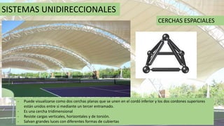 SISTEMAS UNIDIRECCIONALES
CERCHAS ESPACIALES
- Puede visualizarse como dos cerchas planas que se unen en el cordó inferior y los dos cordones superiores
están unidos entre si mediante un tercer entramado.
- Es una cercha tridimensional
- Resiste cargas verticales, horizontales y de torsión.
- Salvan grandes luces con diferentes formas de cubiertas
 