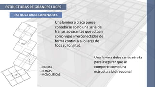 ESTRUCTURAS DE GRANDES LUCES
ESTRUCTURAS LAMINARES
-RIGIDAS
-PLANAS
-MONOLITICAS
Una lamina o placa puede
concebirse como una serie de
franjas adyacentes que actúan
como vigas interconectadas de
forma continua a lo largo de
toda su longitud.
Una lamina debe ser cuadrada
para asegurar que se
comporte como una
estructura bidireccional
 