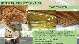 SISTEMAS UNIDIRECCIONALES
VIGAS COMPUESTAS
- Es una viga continua, rigidizada por una combinación de
montantes a compresión y cables o barras de tracción.
- Aumentan la capacidad portante y luces de vigas de acero o
madera.
- Elementos curvos o con pendiente
- Forman arcos triangulados.
 
